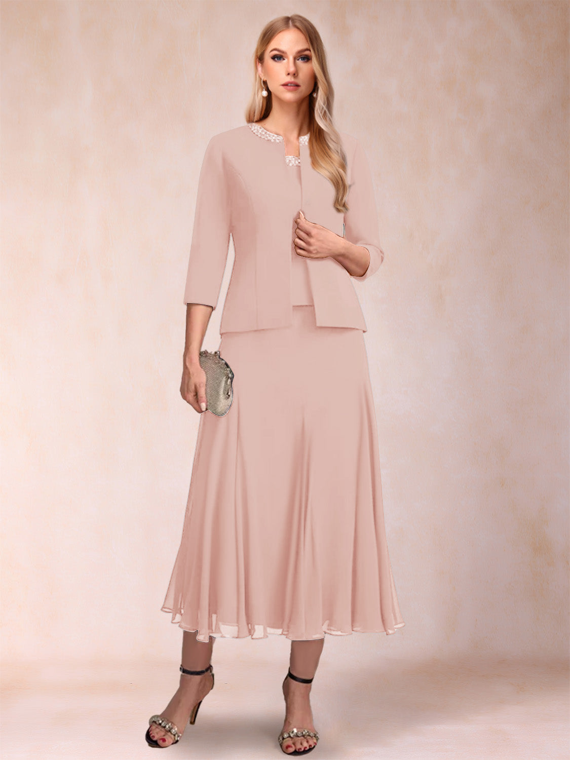 Estelle blush front view mother of the bride dress