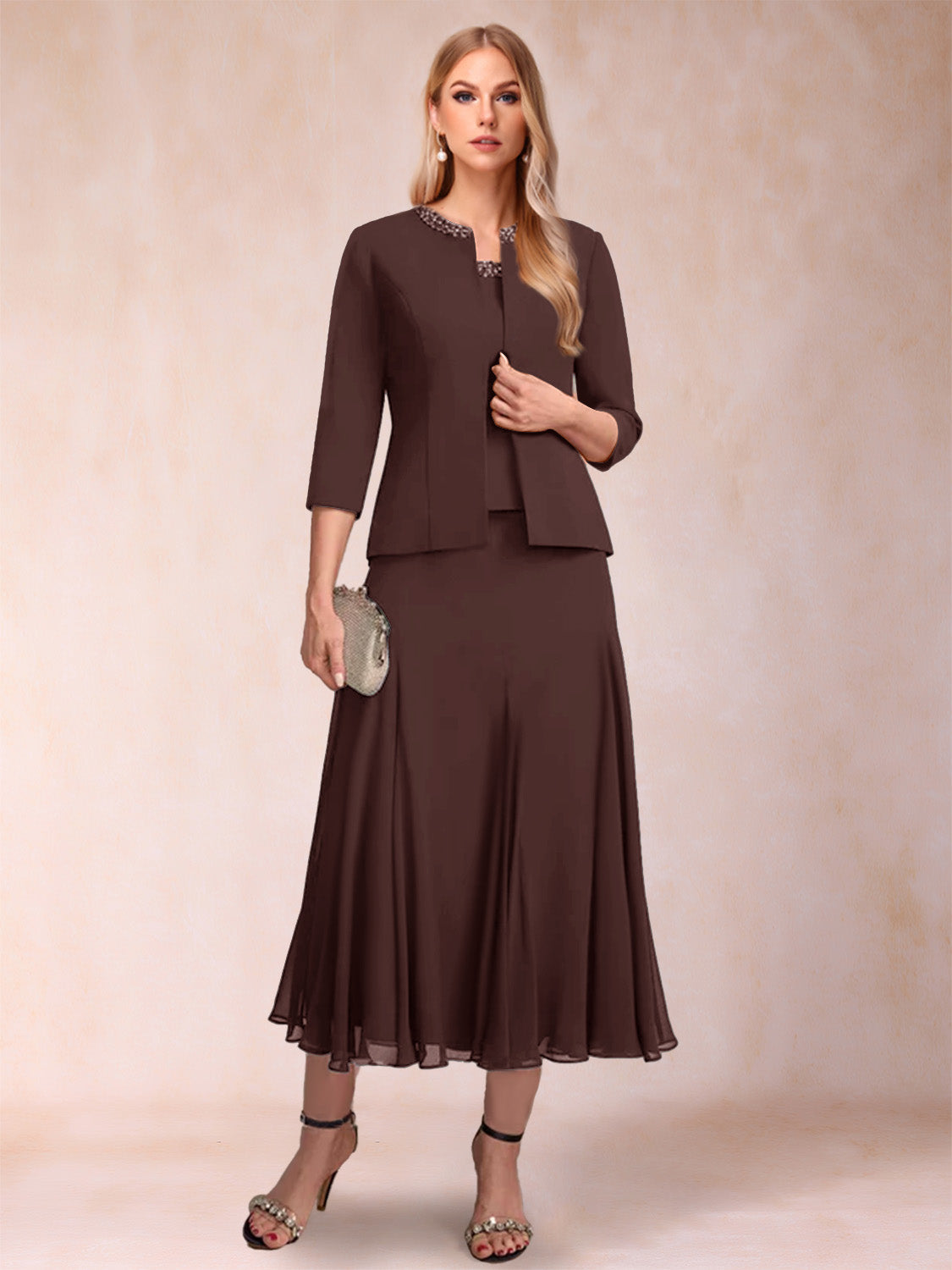 Estelle brown front view mother of the bride dress