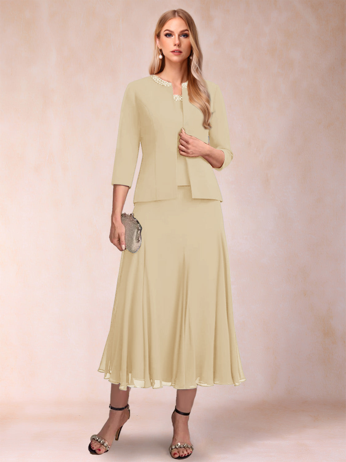 Brielle Solene Champagne back view mother of the bride dress