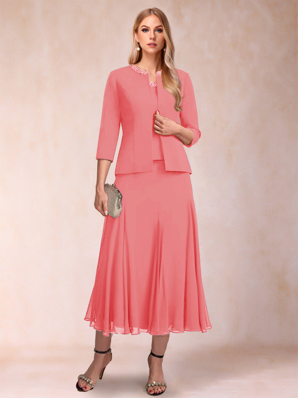 Brielle Solene Coral front view mother of the bride dress