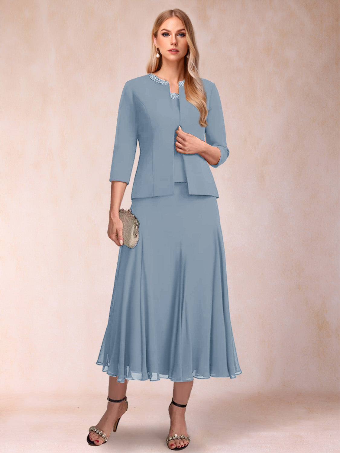 Estelle dusty blue front view mother of the bride dress