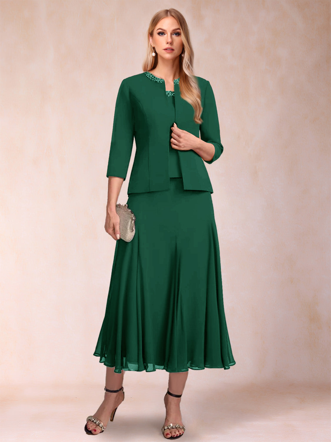 Estelle emerald front view mother of the bride dress