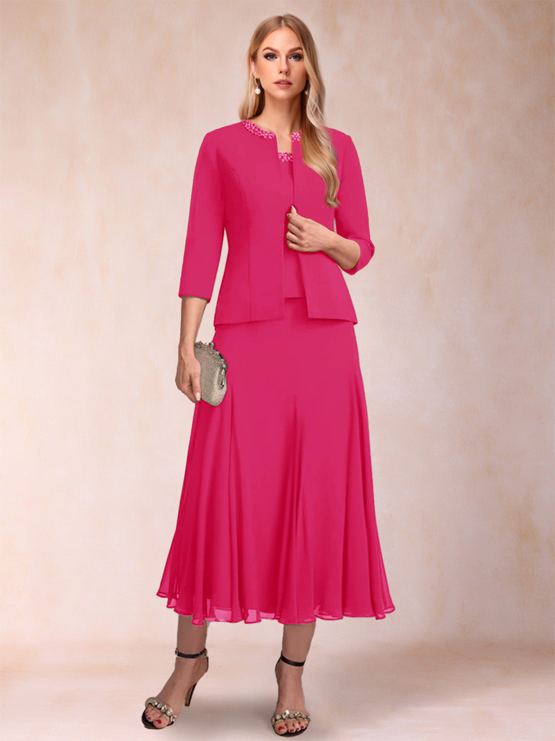 Estelle hot pink front view mother of the bride dress