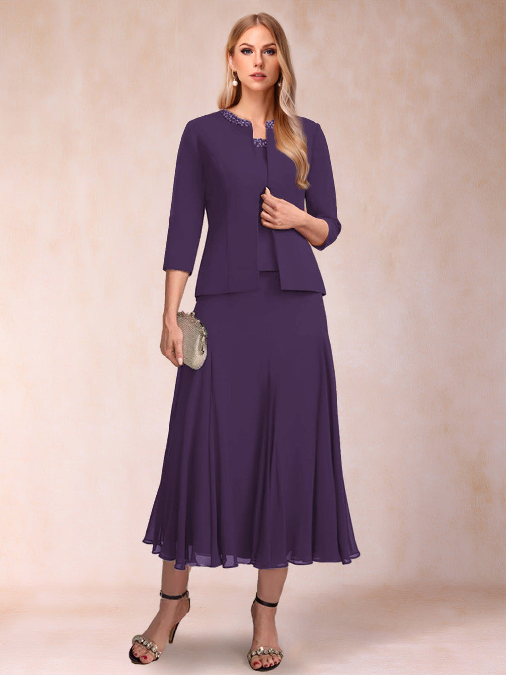 Estelle grape front view mother of the bride dress
