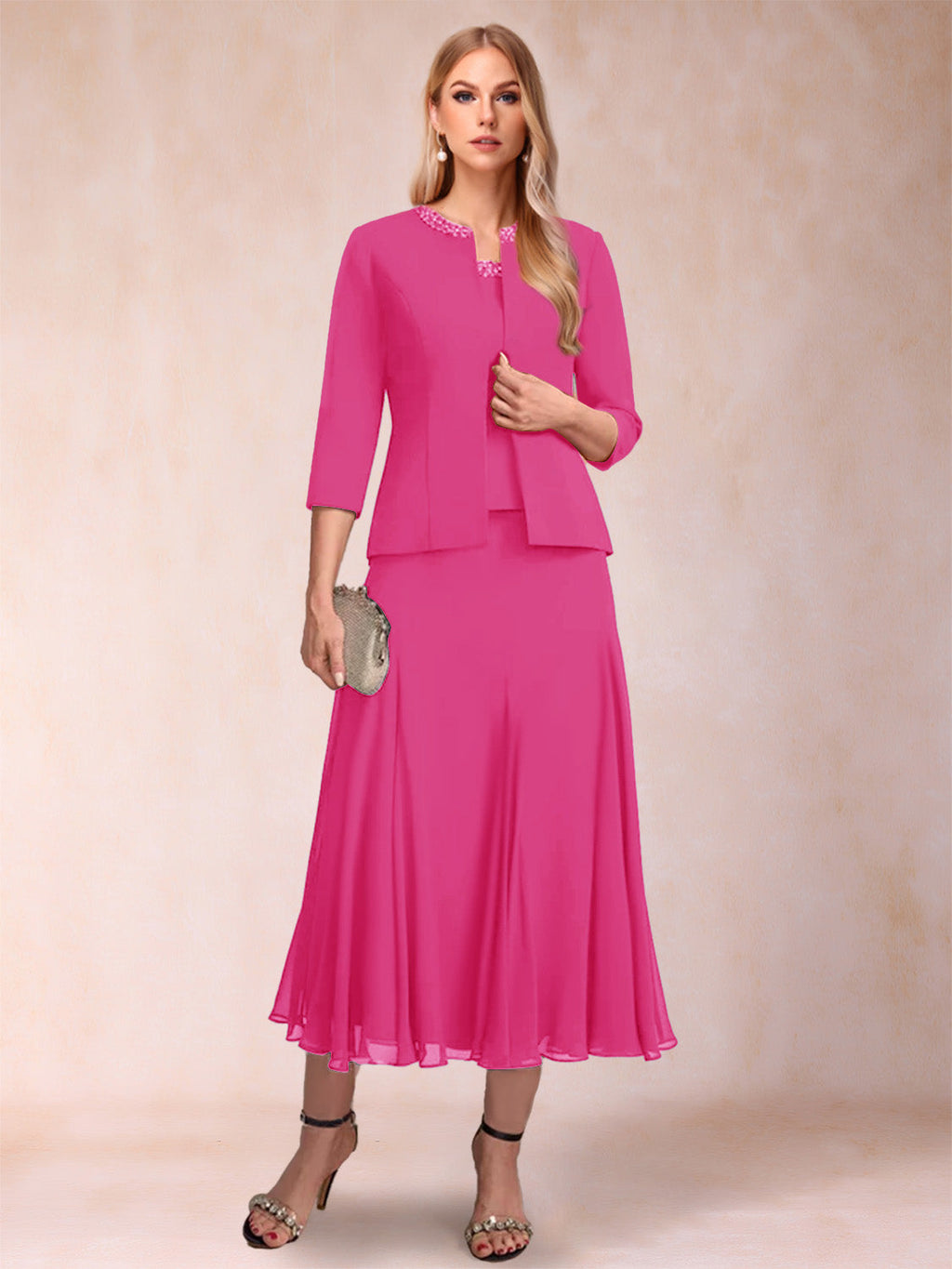 Brielle Solene Hot Pink front view mother of the bride dress