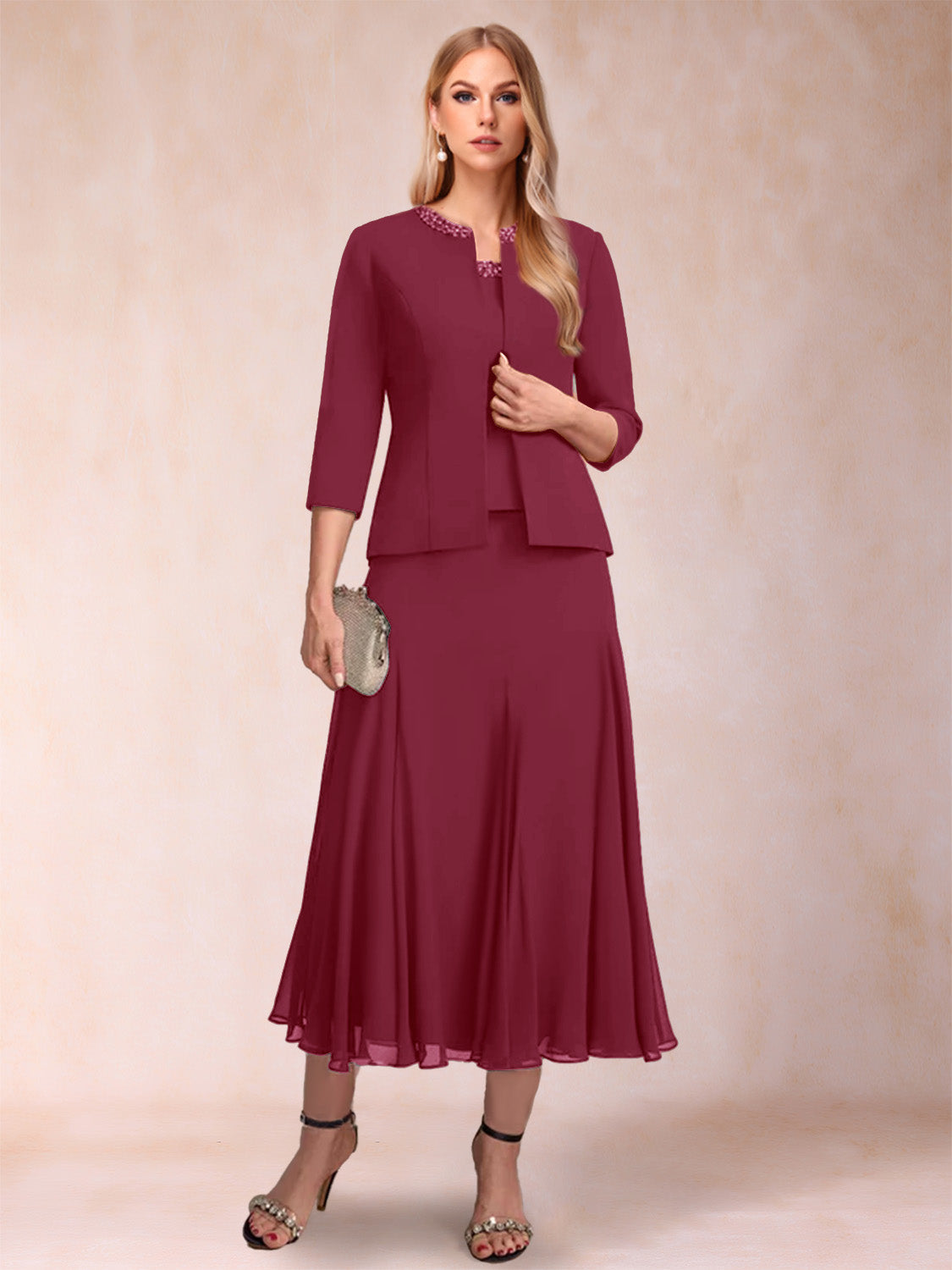 Estelle burgundy front view mother of the bride dress