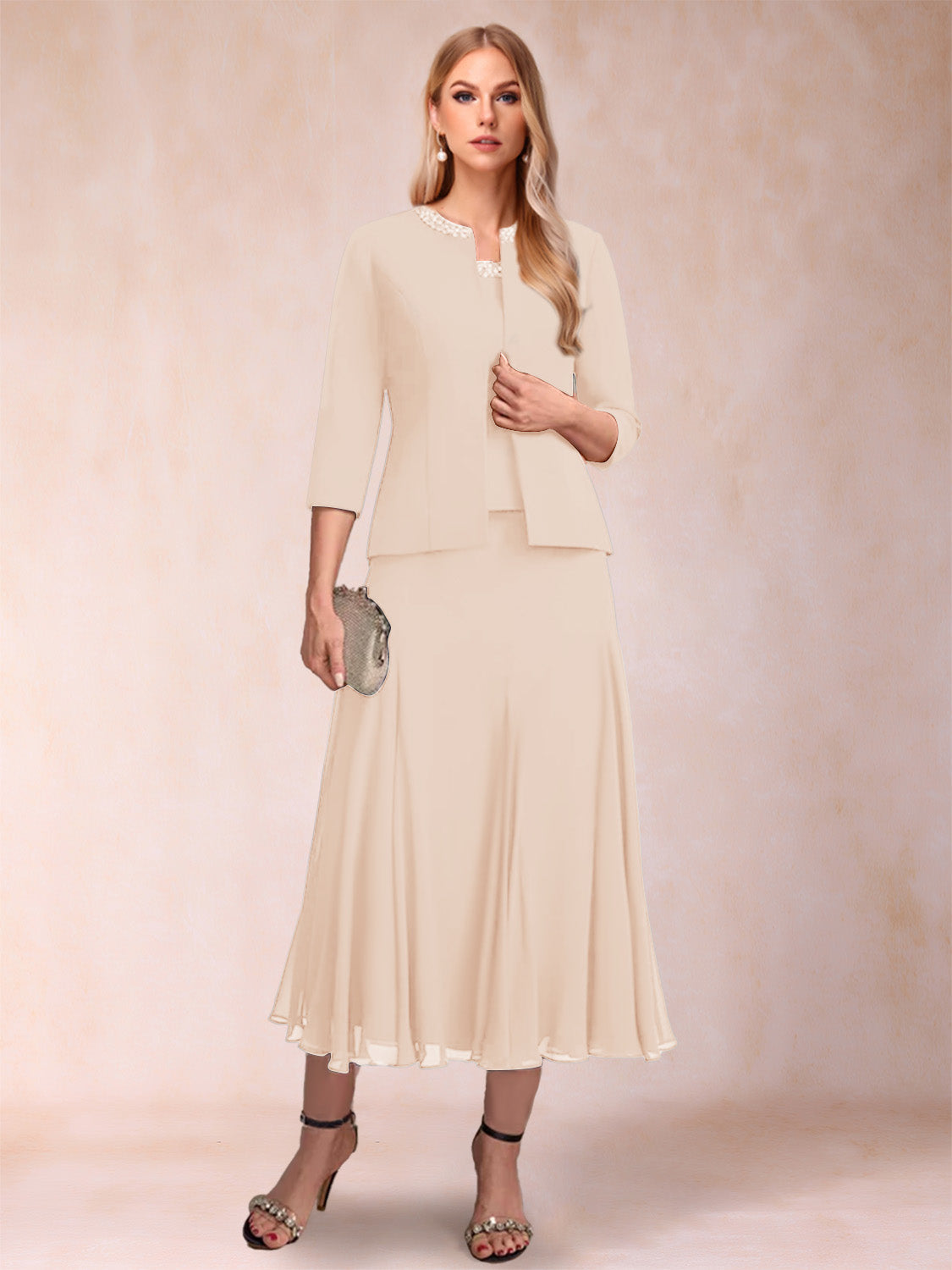 Estelle champagne front view mother of the bride dress