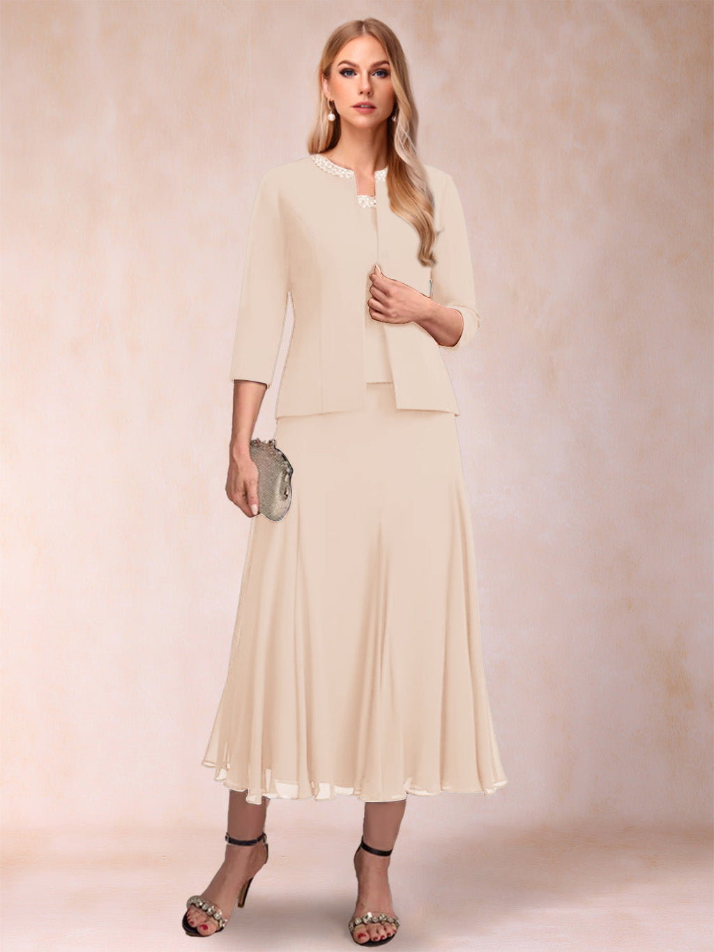 Brielle Solene Champagne front view mother of the bride dress