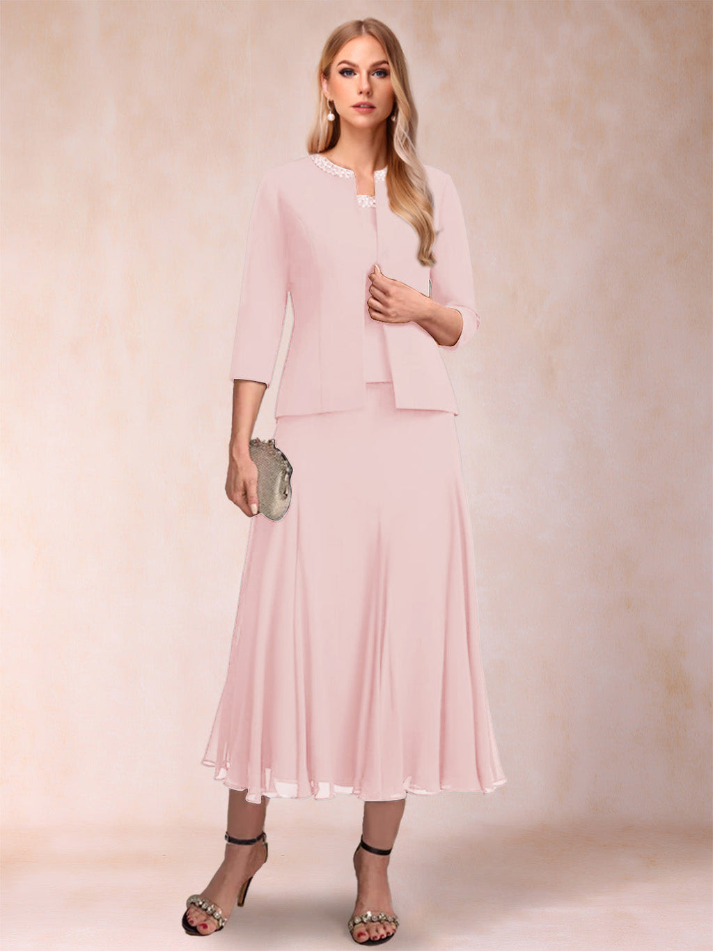Estelle pearl pink front view mother of the bride dress