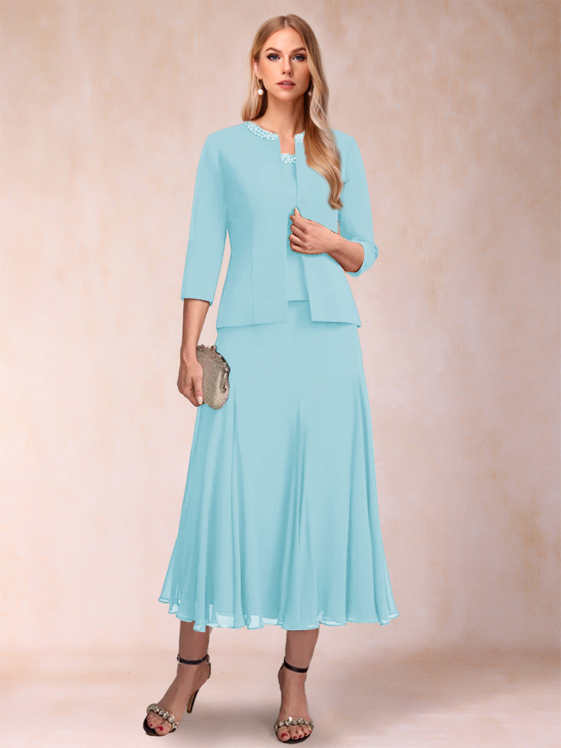 Estelle sky blue front view mother of the bride dress
