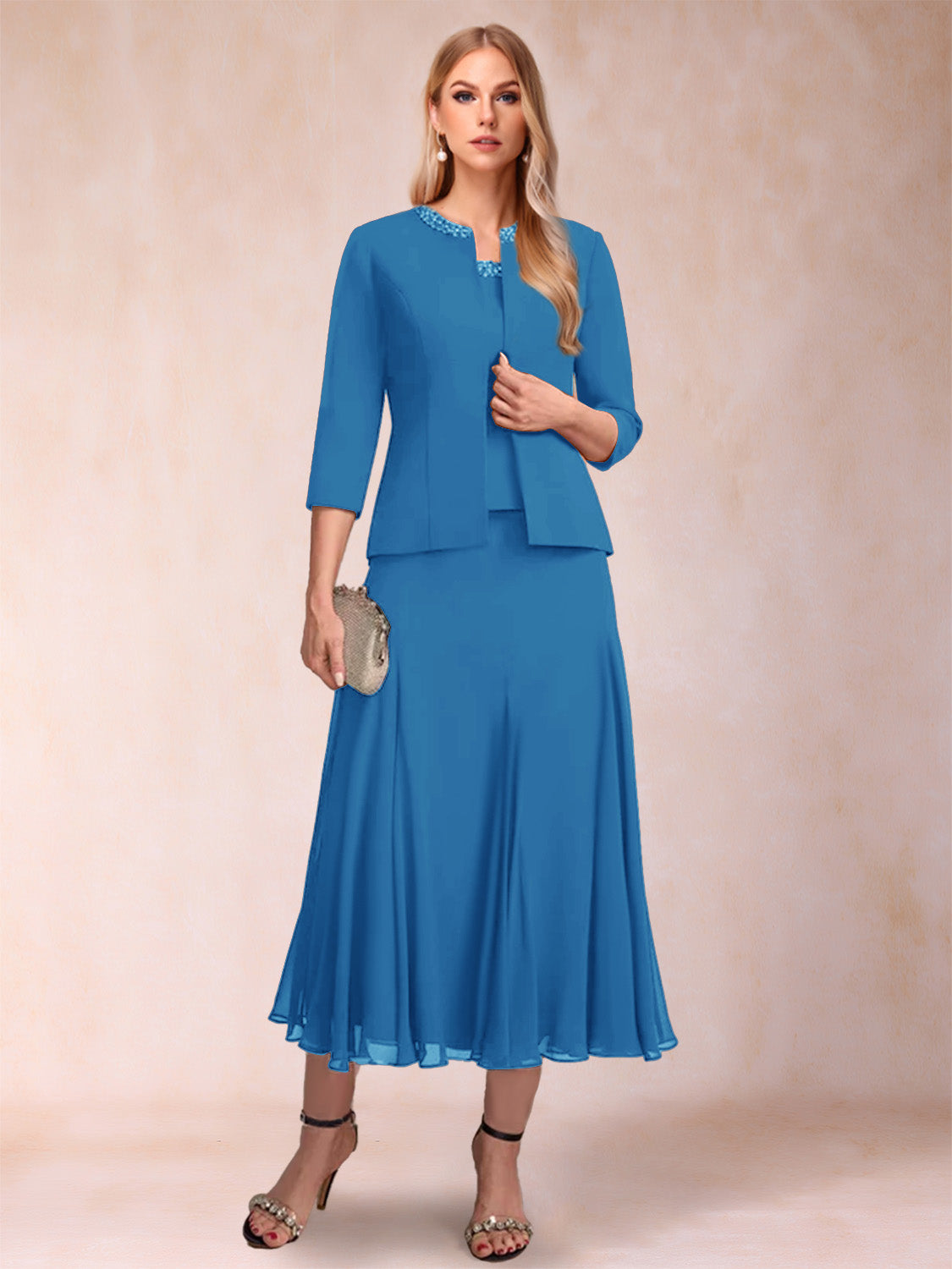Estelle ocean blue front view mother of the bride dress