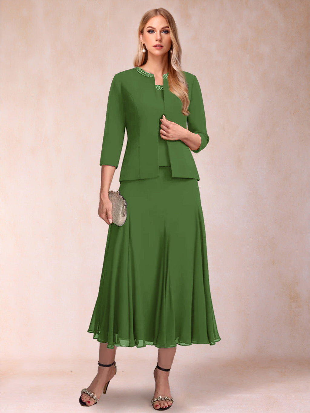 Jessamine Olive Green front view wedding guest dress
