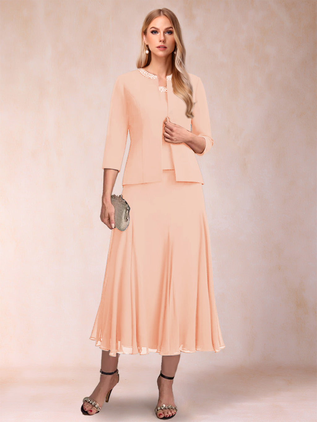 Jessamine Peach front view wedding guest dress