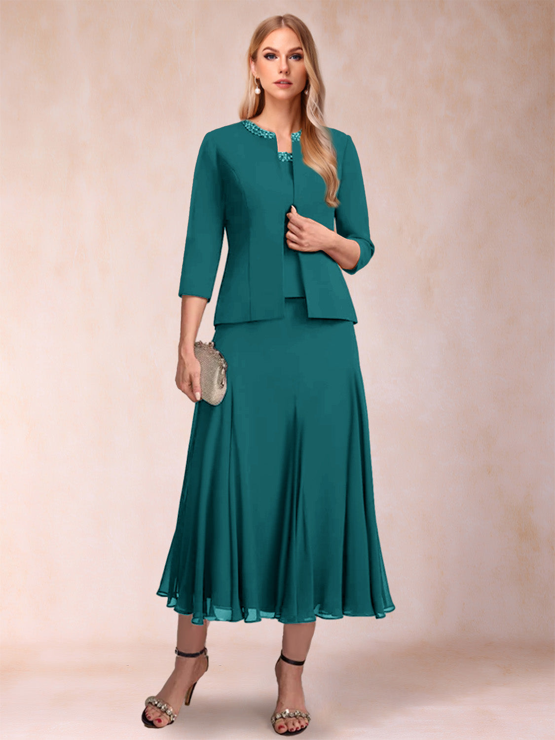 Brielle Solene Peacock front view mother of the bride dress