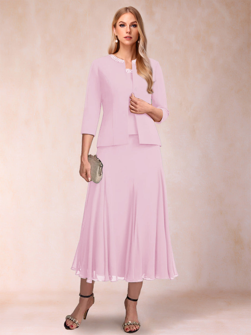Estelle rose pink front view mother of the bride dress