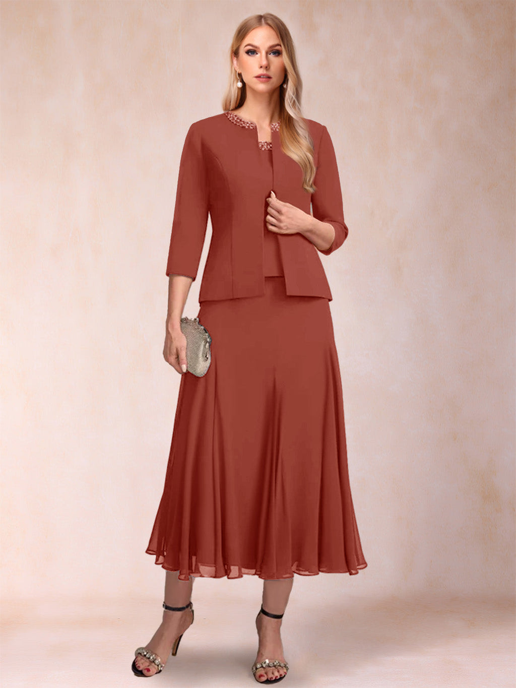 Estelle rust front view mother of the bride dress