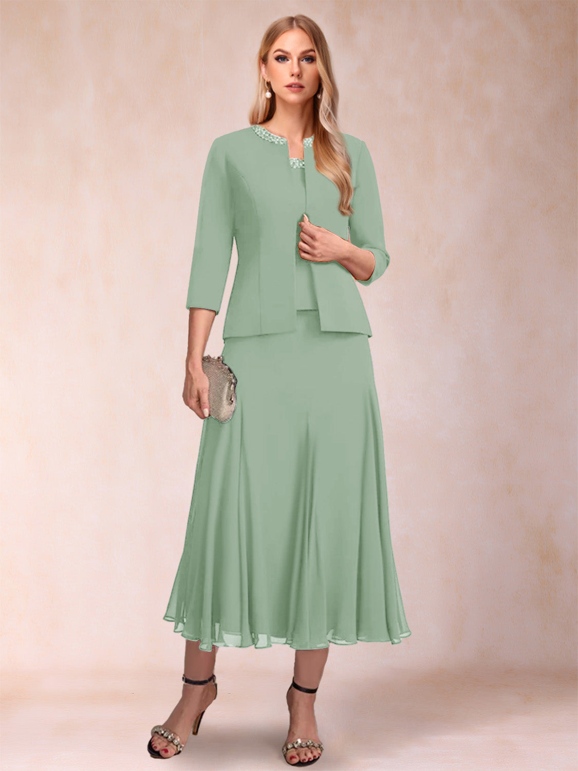 Jessamine Sage Green front view wedding guest dress