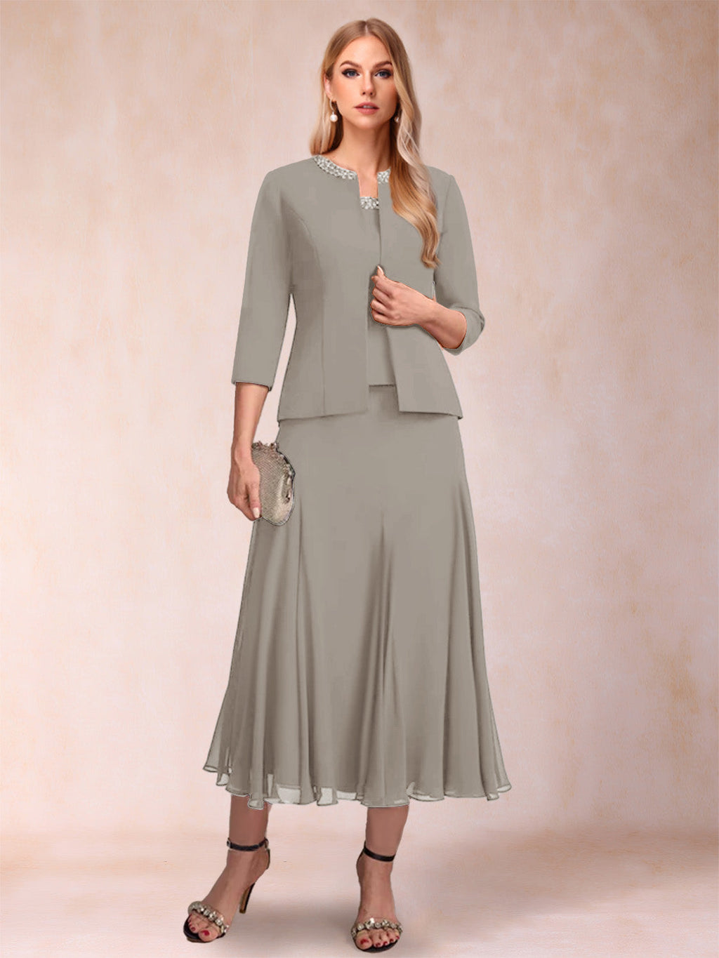 Jessamine Taupe front view wedding guest dress
