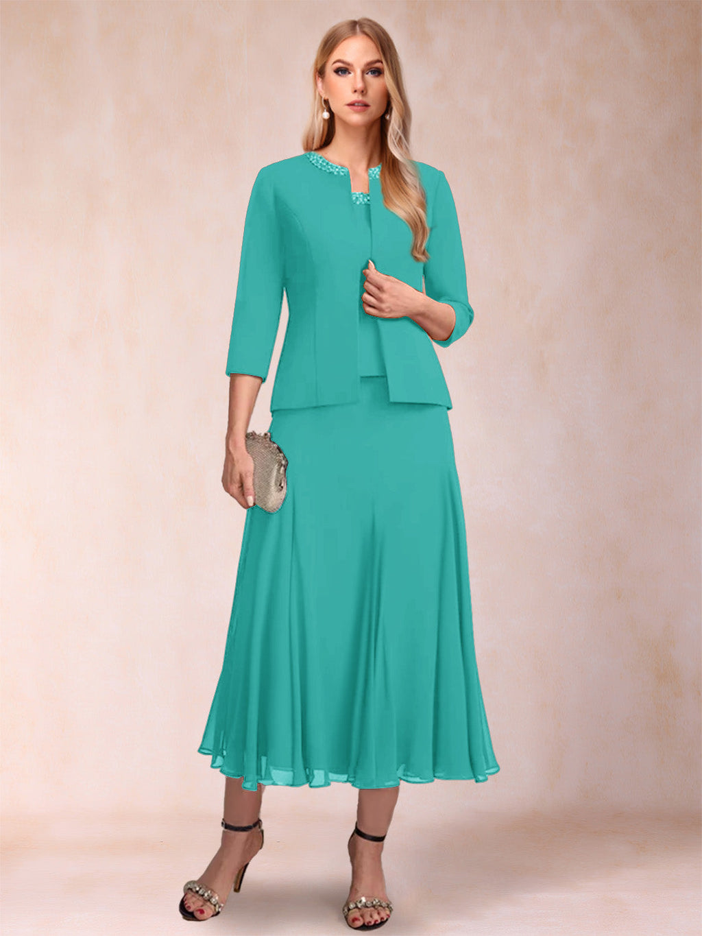 Estelle turquoise front view mother of the bride dress