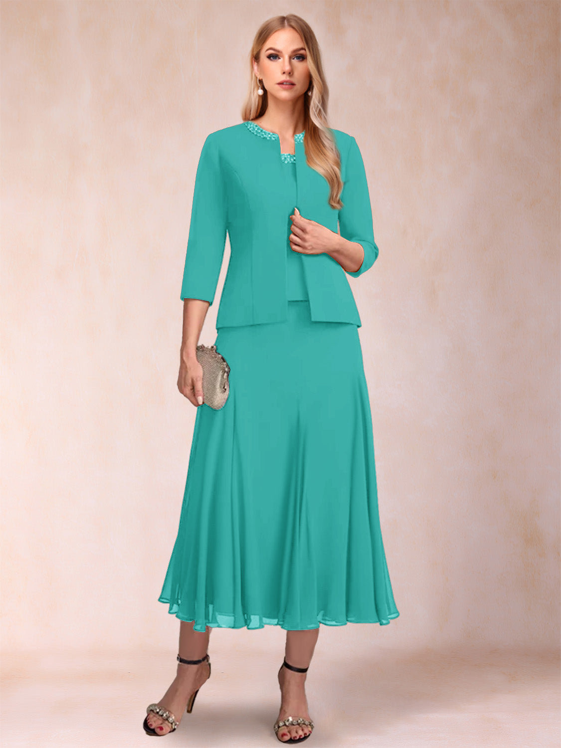 Brielle Solene Turquoise front view mother of the bride dress
