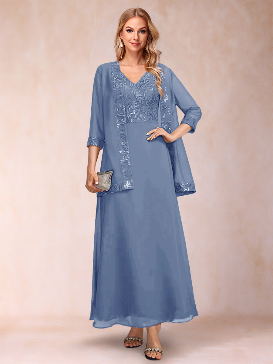 Adelaide Rose Steel Blue front view mother of the bride dress