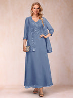 Adelaide Rose Steel Blue front view mother of the bride dress