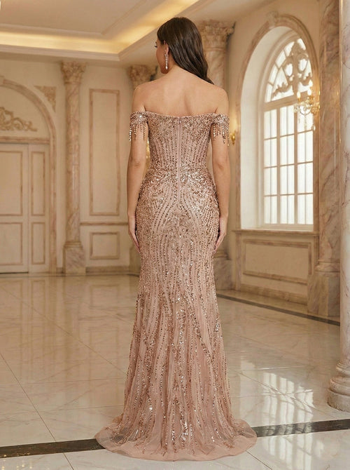 Aveline blush back view prom dress
