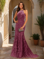 Damaris plum front view prom dress