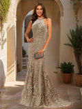 Damaris taupe front view prom dress