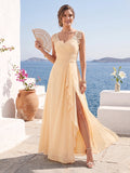 Jovienne Champagne front view bridesmaid dress
