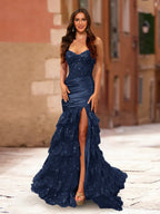 Fiamma navy blue front view prom dress