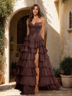 Maristella brown front view prom dress