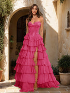 Maristella fuchsia front view prom dress