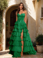 Maristella forest green front view prom dress