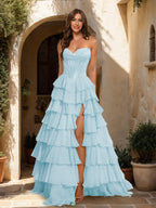 Maristella sky blue front view prom dress