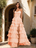 Maristella peach front view prom dress