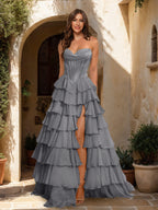 Maristella steel grey front view prom dress