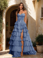 Maristella steel blue front view prom dress