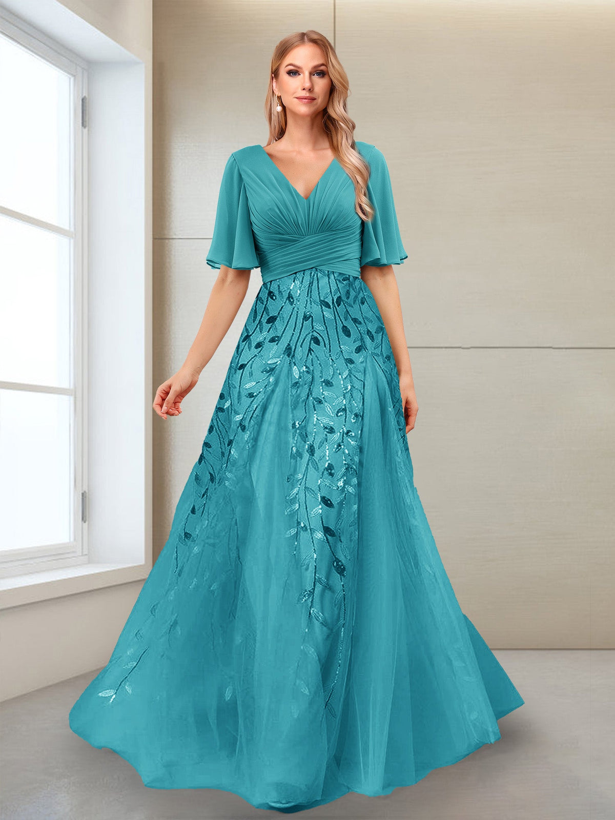 Vivienne pool blue front view mother of the bride dress