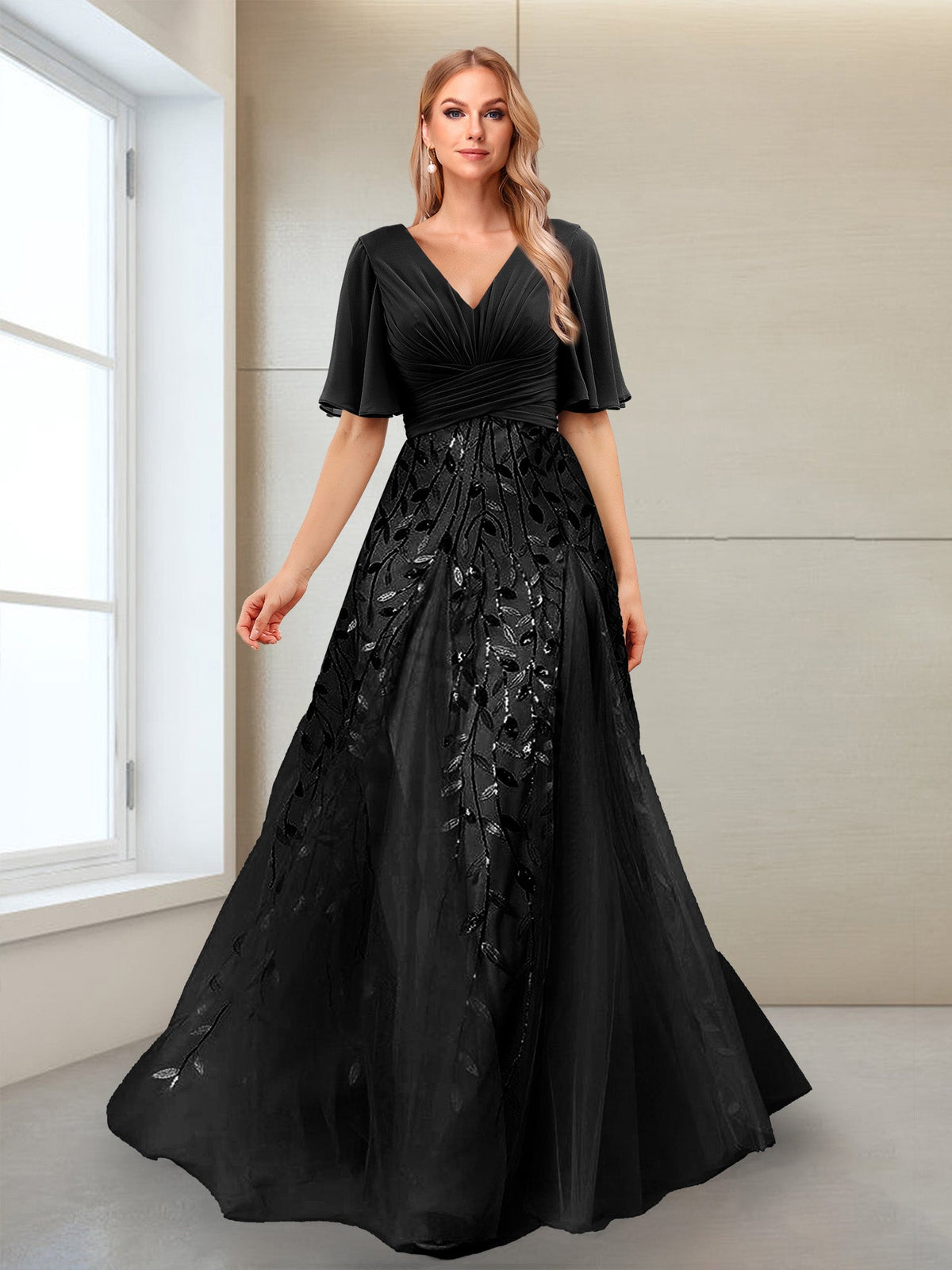 Ysolde Grace Black front view mother of the bride dress