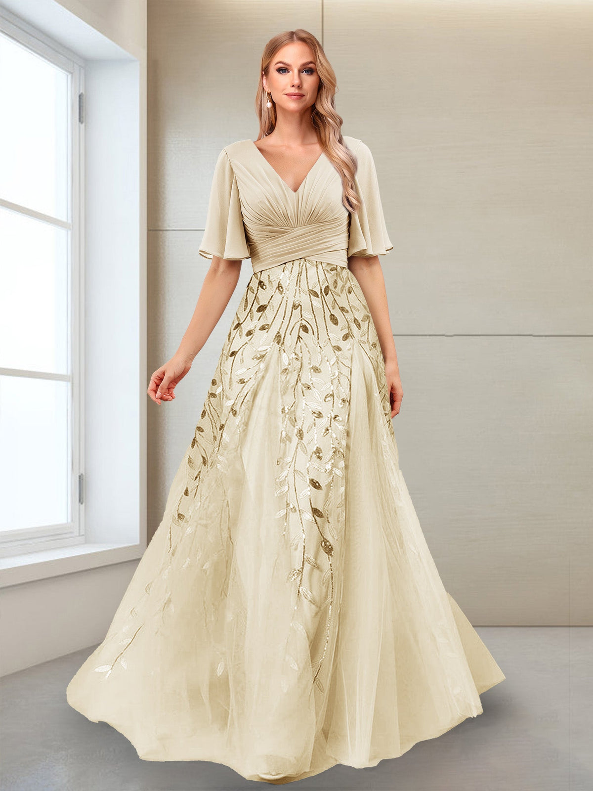 Vivienne champagne front view mother of the bride dress