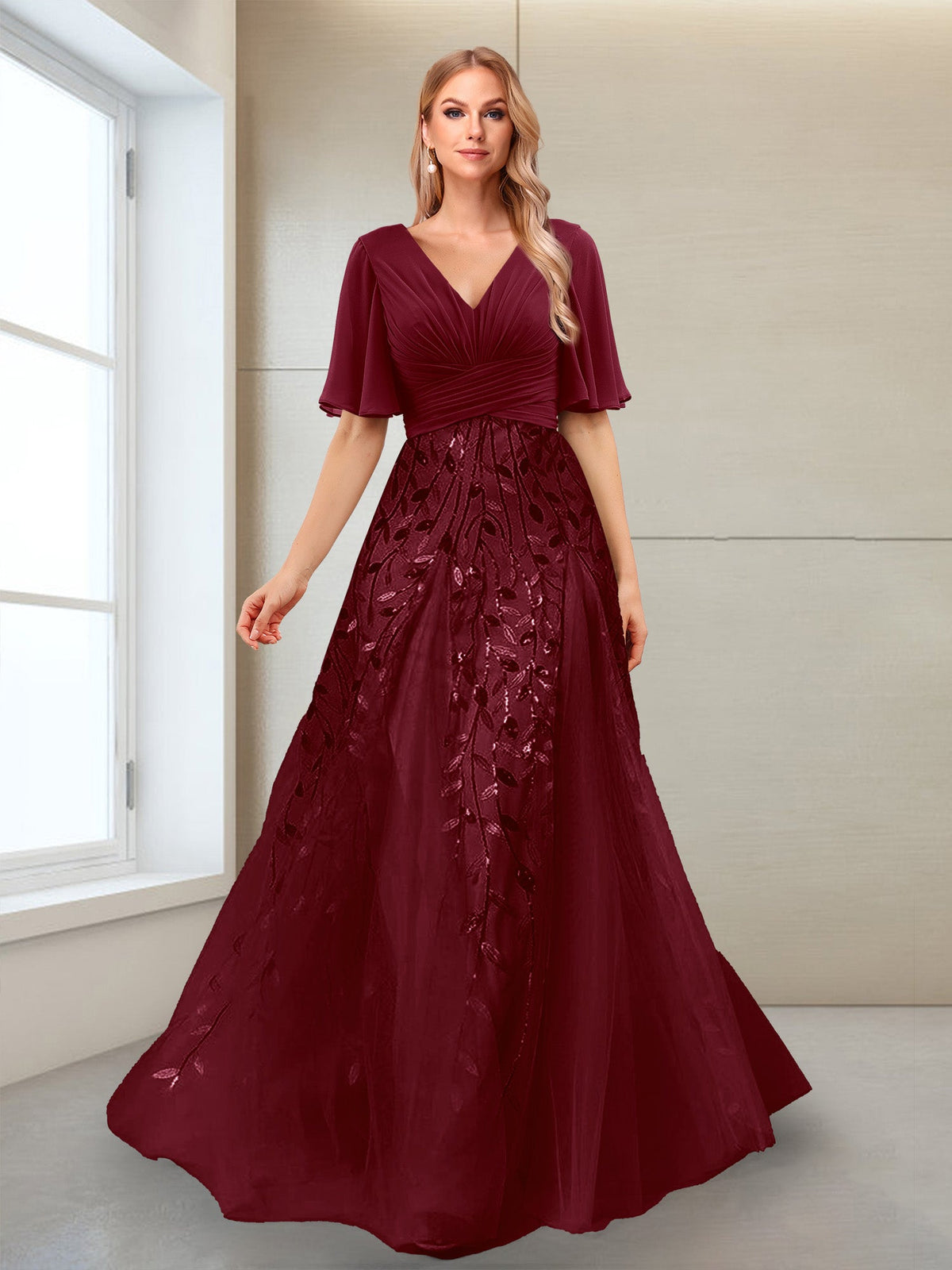 Vivienne burgundy front view mother of the bride dress