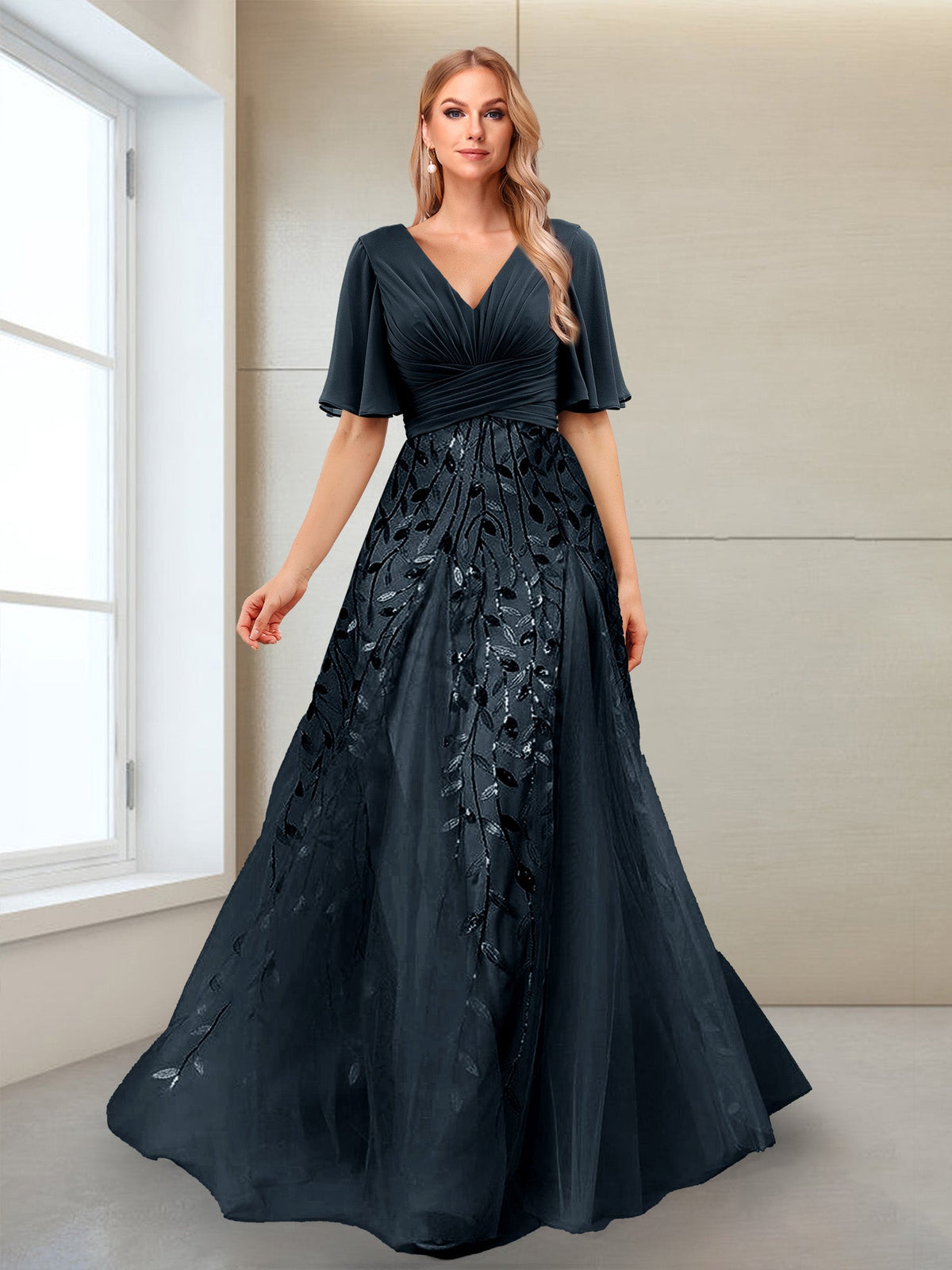 Ysolde Grace Navy Blue front view mother of the bride dress