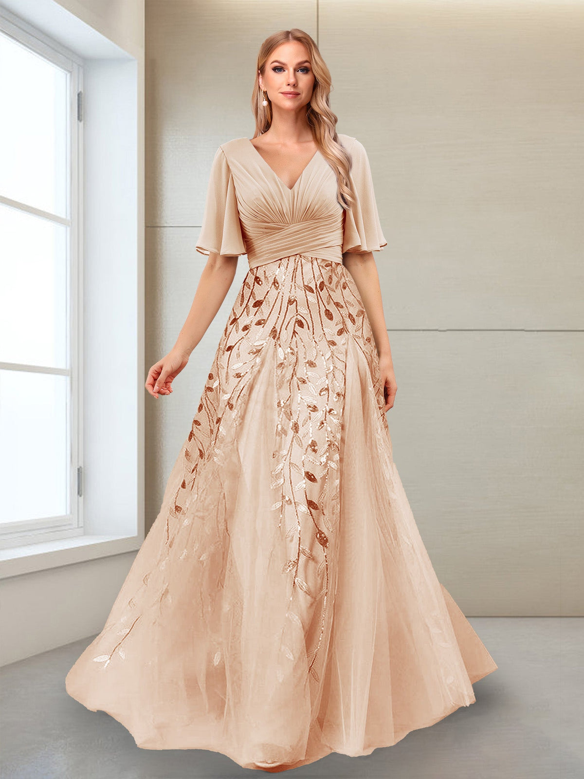 Vivienne peach front view mother of the bride dress