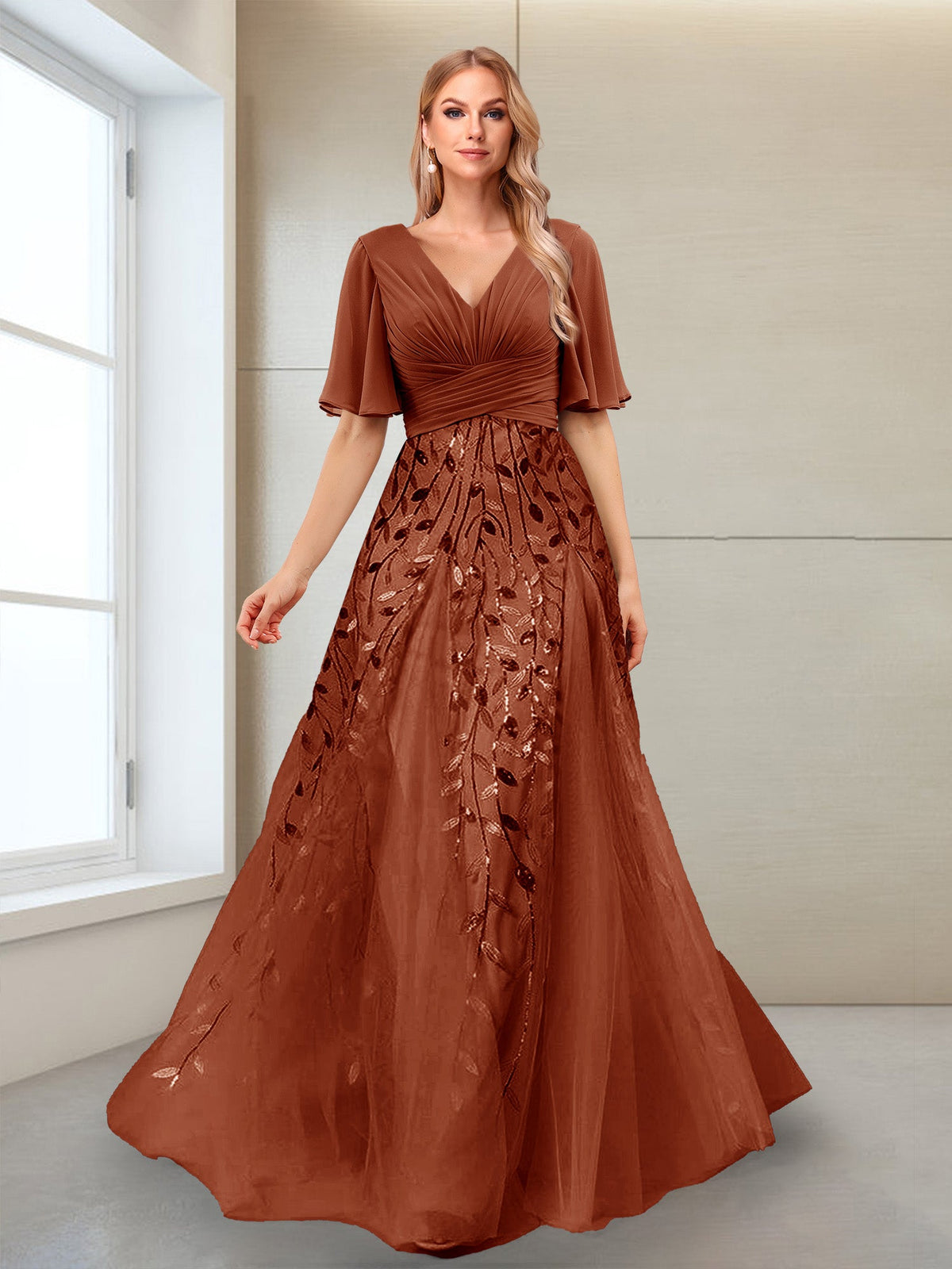 Ysolde Grace Rust front view mother of the bride dress