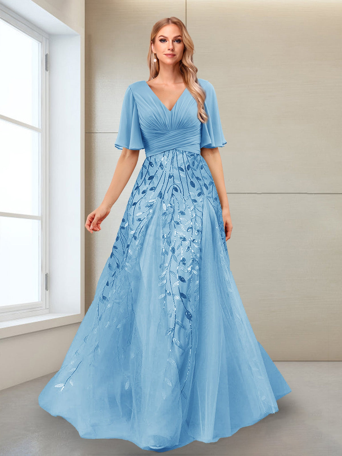 Ysolde Grace Sky Blue front view mother of the bride dress