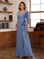 Elora Pearl Steel Blue front view mother of the bride dress