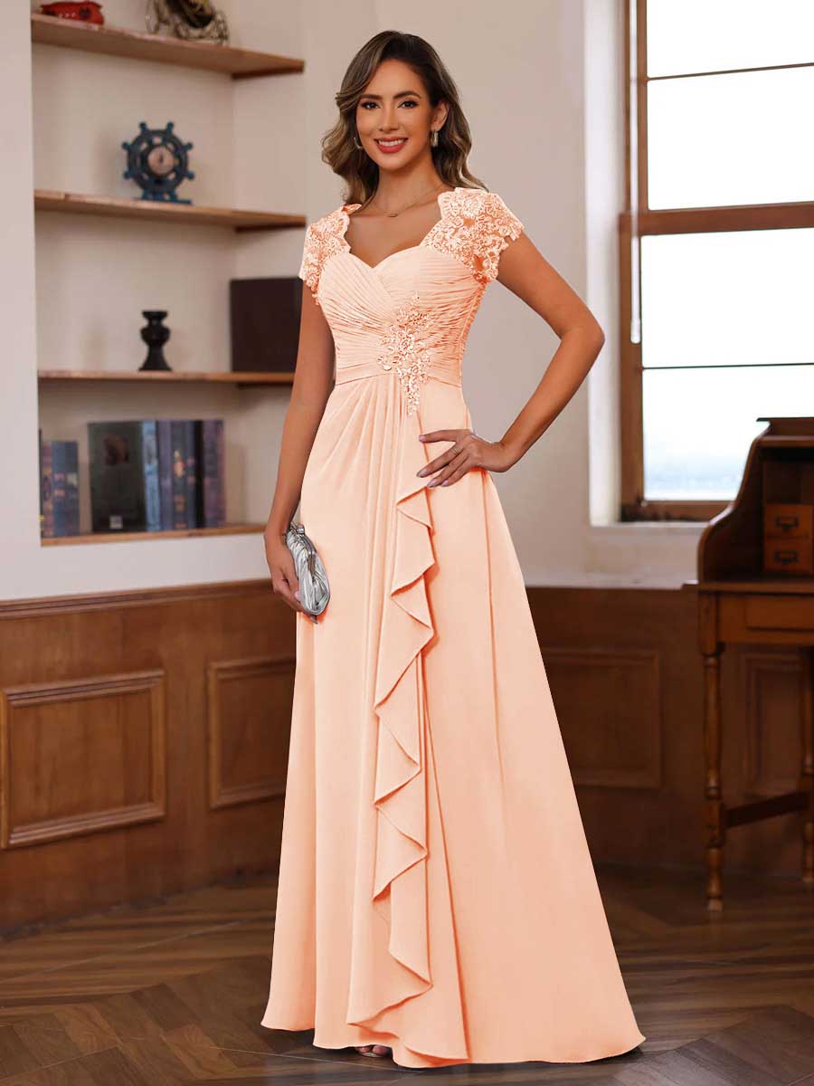 Mirabelle peach front view mother of the bride dress
