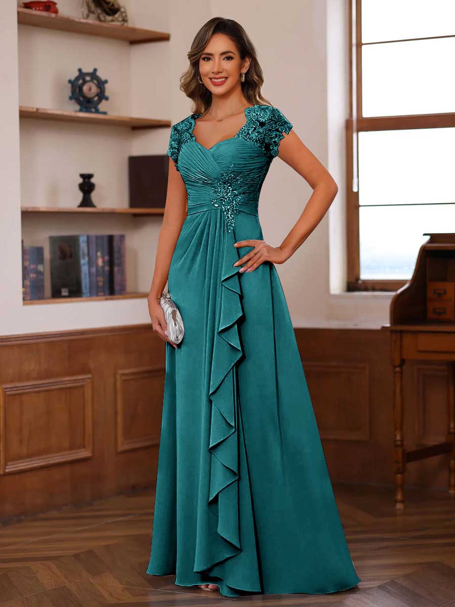 Mirabelle peacock front view mother of the bride dress