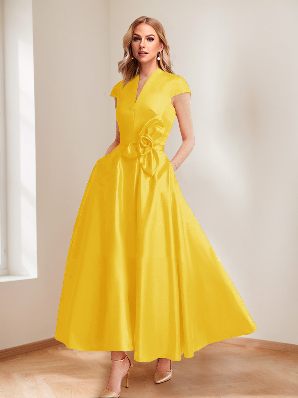 Tina Elise Gold front view mother of the bride dress